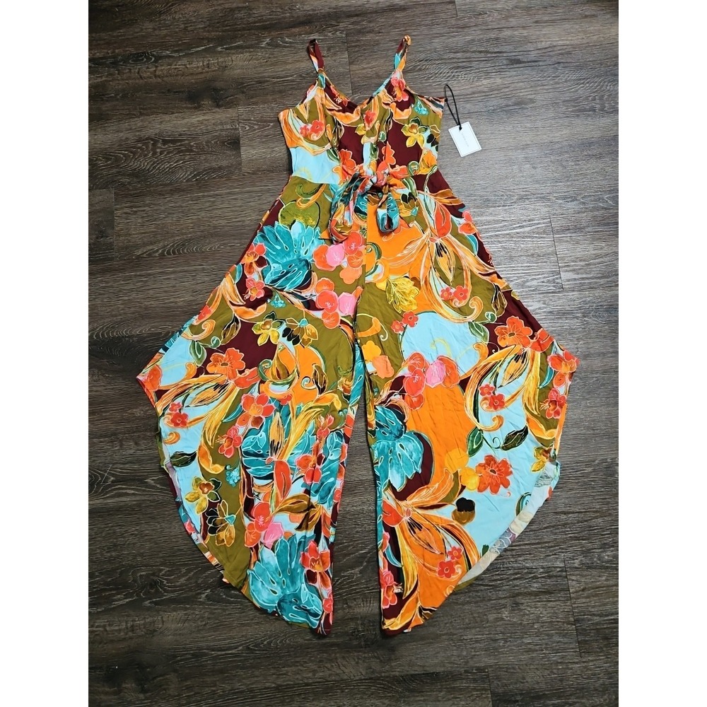1.State Women's Sleeveless Floral XS Orange Multicolor Flowy Jumpsuit‎